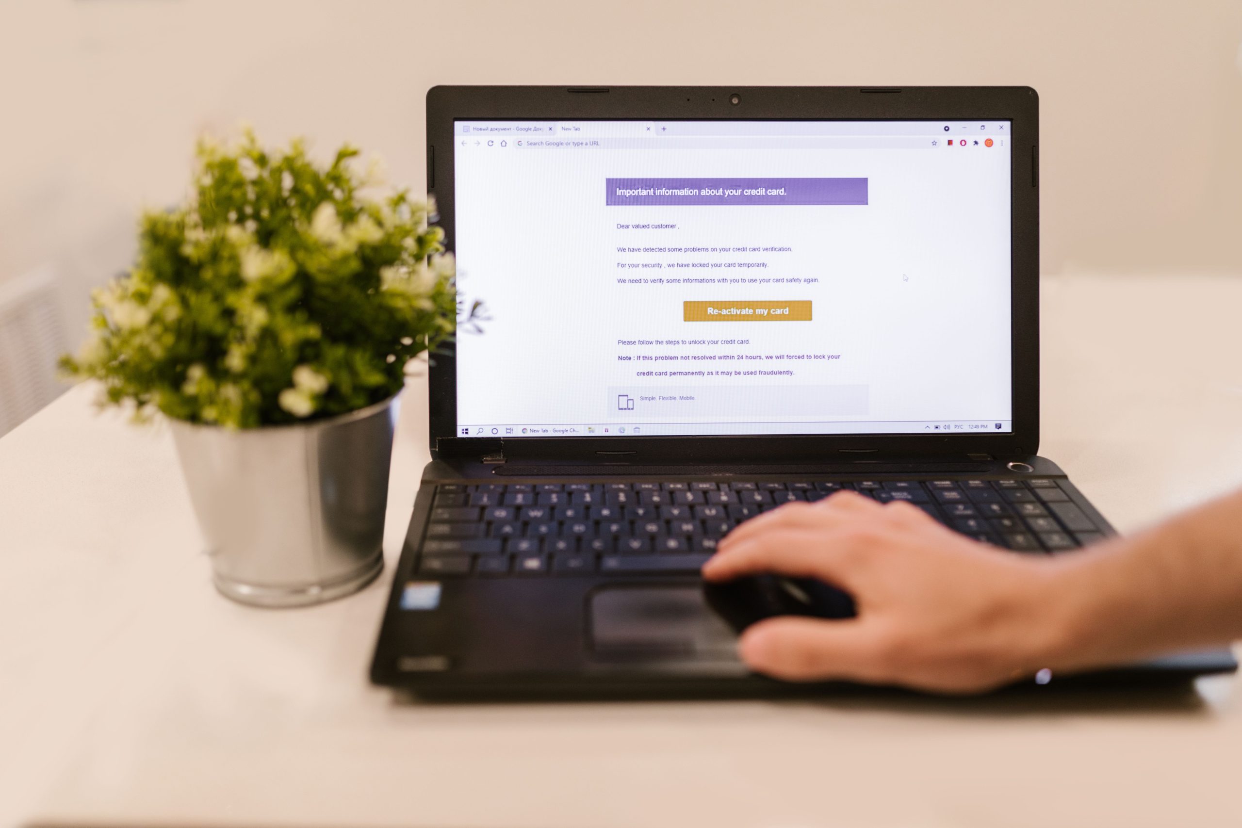Personne lisant email sur laptop près plante verte