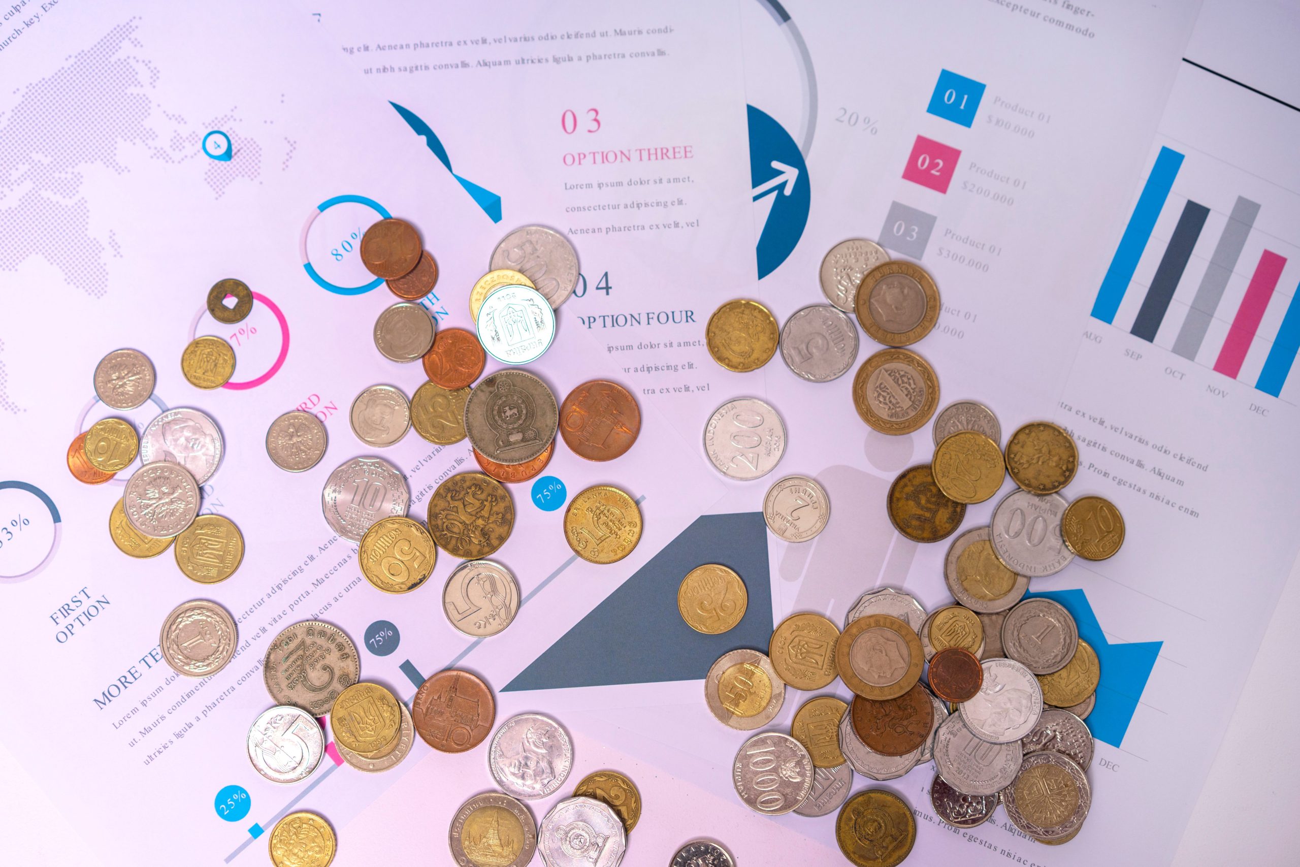 Pièces sur documents financiers avec graphiques