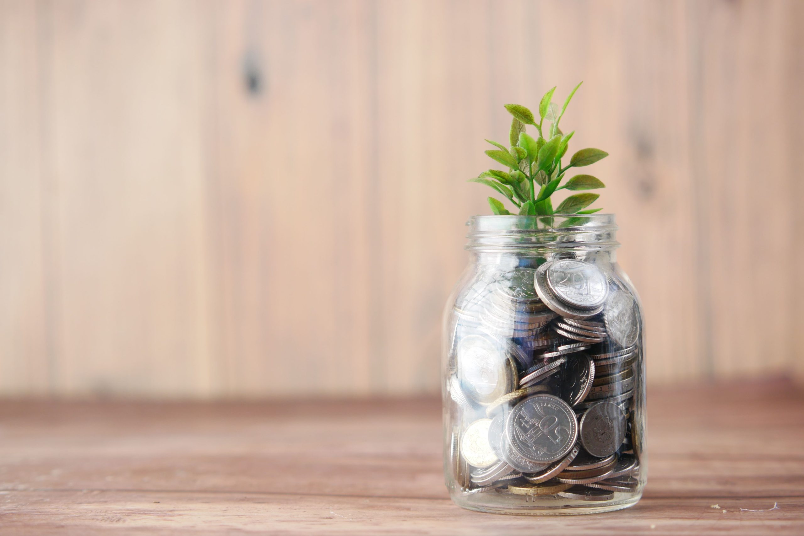 Bocal de pièces avec une plante symbolisant la croissance