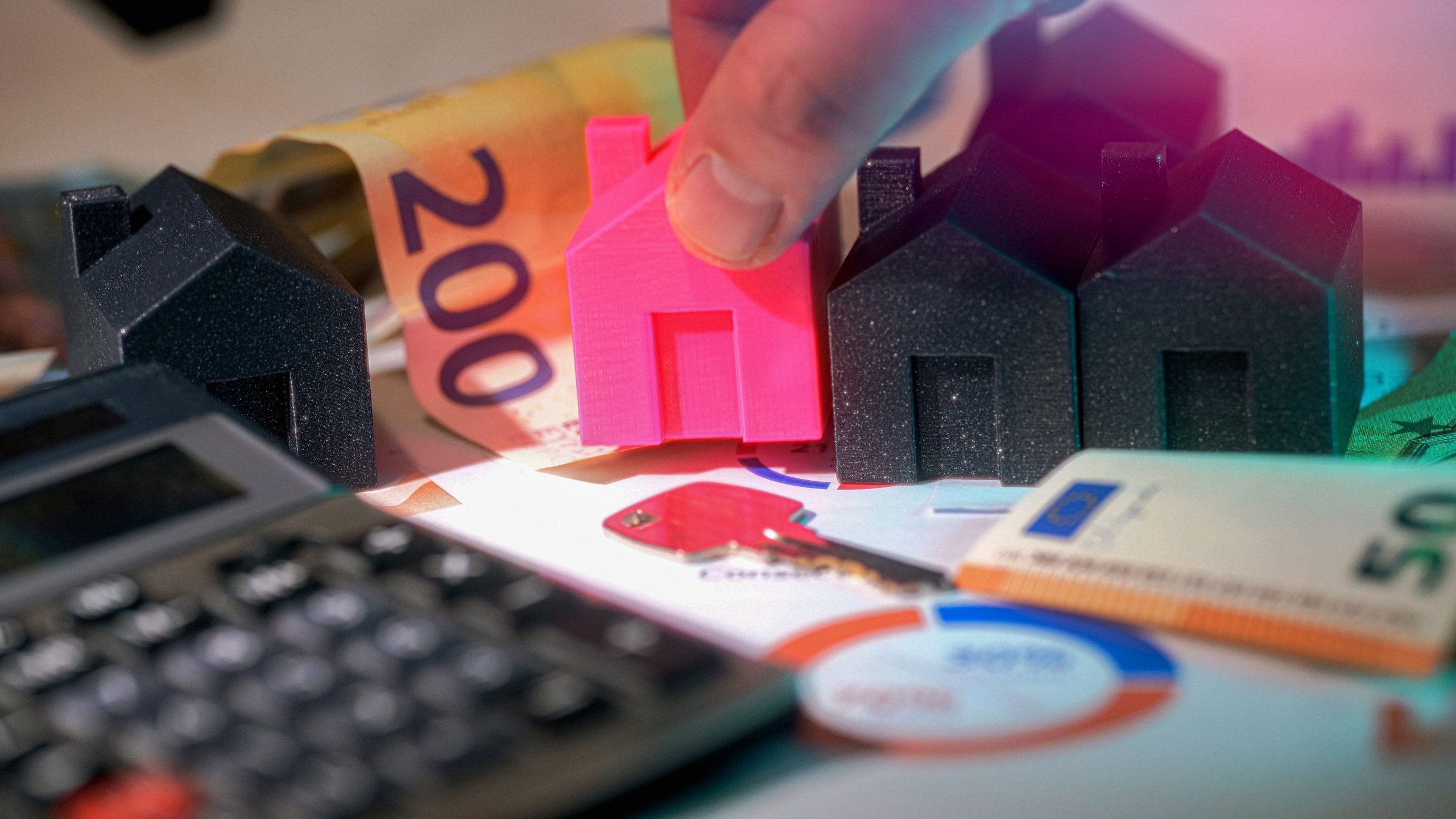 Maisons miniatures, billets en euros et calculatrice